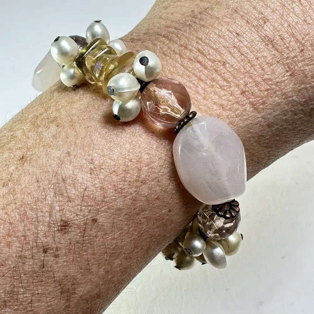 Vintage Cookie Lee Bracelet Chunky Dangle Silver Tone Pink Beaded Strand Stretch